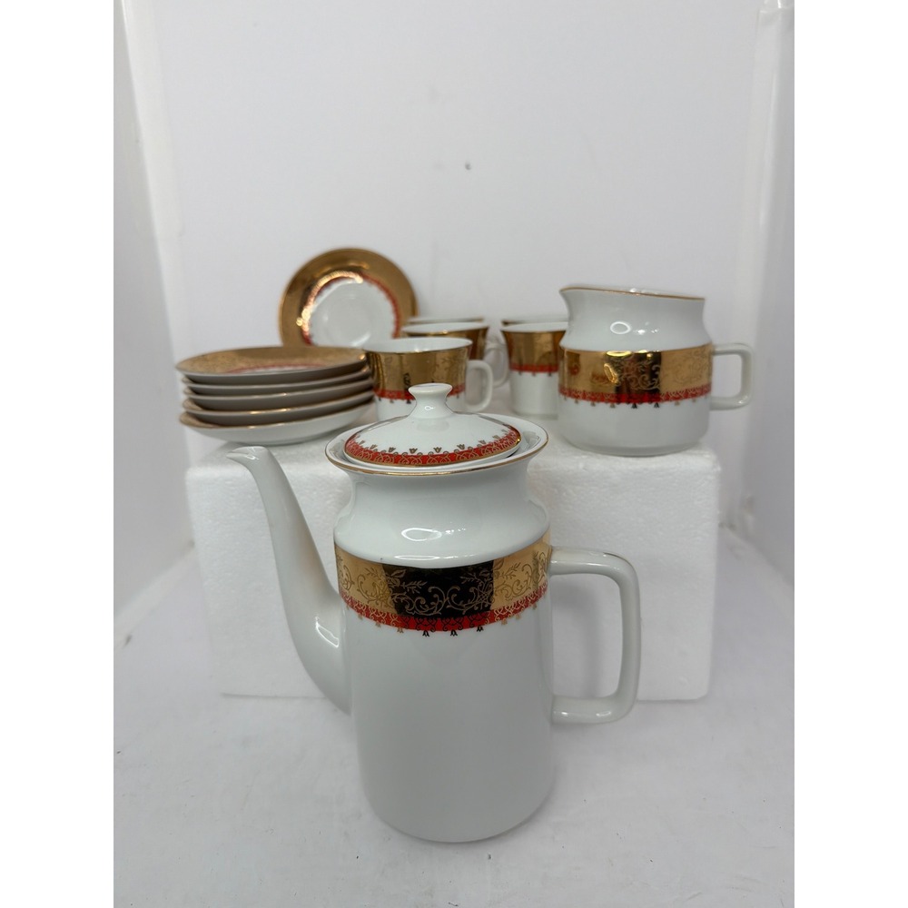 Vintage Epiag Czechoslovakia Porcelain Coffee Tea Set Gold Red 13 Piece Set